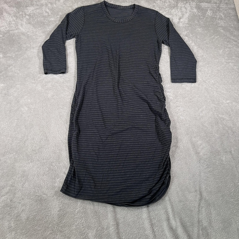Lululemon Anytime Dress Womens 8 Gray Black Striped Ruched Side 3/4 Sleeve
